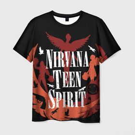 Мужская футболка 3D с принтом NIRVANA TEEN SPIRIT в Петрозаводске, 100% полиэфир | прямой крой, круглый вырез горловины, длина до линии бедер | art | cobain | curt | girl | grunge | metal | music | nirvana | punk | rock | spiritm | usa | гранж | группа | кобэйн | курт | метал | музыка | нирвана | панк | рисунок | рок | сша