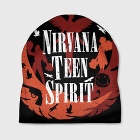 Шапка 3D с принтом NIRVANA TEEN SPIRIT в Петрозаводске, 100% полиэстер | универсальный размер, печать по всей поверхности изделия | Тематика изображения на принте: art | cobain | curt | girl | grunge | metal | music | nirvana | punk | rock | spiritm | usa | гранж | группа | кобэйн | курт | метал | музыка | нирвана | панк | рисунок | рок | сша