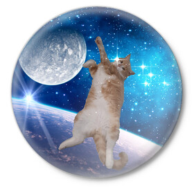 Значок с принтом Кисулькин в космосе в Петрозаводске,  металл | круглая форма, металлическая застежка в виде булавки | астроном пушистый | барсик | звезды | космос | котики | коты