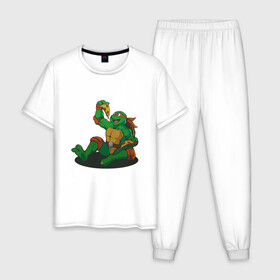 Мужская пижама хлопок с принтом Pizza - Ninja Turtles в Петрозаводске, 100% хлопок | брюки и футболка прямого кроя, без карманов, на брюках мягкая резинка на поясе и по низу штанин
 | Тематика изображения на принте: donatello | leonardo | michelangelo | ninja | pizza | raphael | turtles | донателло | животные | карате | комикс | комиксы | леонардо | микеланджело | мультфильм | мутант | мутанты | ниндзя | пицца | рафаэль | сплинтер | супергерой