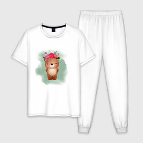 Мужская пижама хлопок с принтом Мишка в Петрозаводске, 100% хлопок | брюки и футболка прямого кроя, без карманов, на брюках мягкая резинка на поясе и по низу штанин
 | венок | косолапый | лес | мишка | цветы