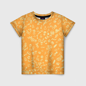 Детская футболка 3D с принтом оранжевая еда в Петрозаводске, 100% гипоаллергенный полиэфир | прямой крой, круглый вырез горловины, длина до линии бедер, чуть спущенное плечо, ткань немного тянется | еда | кофе | овощи | пончики | фрукты | чай