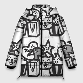 Женская зимняя куртка Oversize с принтом Чёрно-белые дудлы в Петрозаводске, верх — 100% полиэстер; подкладка — 100% полиэстер; утеплитель — 100% полиэстер | длина ниже бедра, силуэт Оверсайз. Есть воротник-стойка, отстегивающийся капюшон и ветрозащитная планка. 

Боковые карманы с листочкой на кнопках и внутренний карман на молнии | doodle | белый | ворон | ворона | дудл | дудлы | звезда | кекс | кот | котэ | кошка | сердечко | сердце | чёрно белый | чёрный