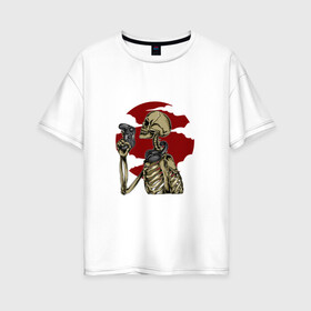 Женская футболка хлопок Oversize с принтом GAMING 4EVER в Петрозаводске, 100% хлопок | свободный крой, круглый ворот, спущенный рукав, длина до линии бедер
 | game | джостик | игры | контролер | кости | луна | наушники | облака | скелет | уши | череп
