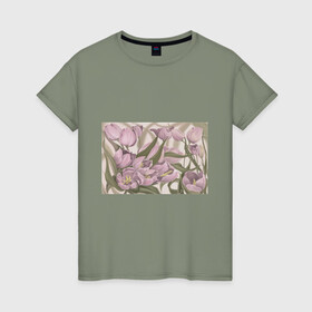 Женская футболка хлопок с принтом Сахарный розовый в Петрозаводске, 100% хлопок | прямой крой, круглый вырез горловины, длина до линии бедер, слегка спущенное плечо | flowers | sugar pink | бутоны | весна | женственность | нежность | природа | тюльпан | флавер | цветы