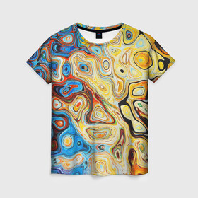 Женская футболка 3D с принтом Цветные абстрактные пятна в Петрозаводске, 100% полиэфир ( синтетическое хлопкоподобное полотно) | прямой крой, круглый вырез горловины, длина до линии бедер | Тематика изображения на принте: colors | желтый | красный | оранжевый | синий | узоры | цвета | цветное