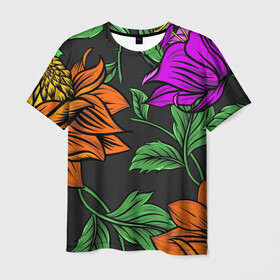 Мужская футболка 3D с принтом Тропические цветы в Петрозаводске, 100% полиэфир | прямой крой, круглый вырез горловины, длина до линии бедер | flower | nature | лето | листья | оранжевый | природа | узор | цветок | цветы