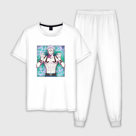 Мужская пижама хлопок с принтом МАГИЧЕСКАЯ БИТВА | SUKUNA в Петрозаводске, 100% хлопок | брюки и футболка прямого кроя, без карманов, на брюках мягкая резинка на поясе и по низу штанин
 | Тематика изображения на принте: anime | japan | japanese | jujutsu | jujutsu kaisen | kaisen | sukuna | аниме | двуликий призрак | иероглифы | инумаки | итадори | итадори юдзи | магическая битва | нобара | панда | рёмен | рёмен сукуна | сатору | сукуна | юдзи