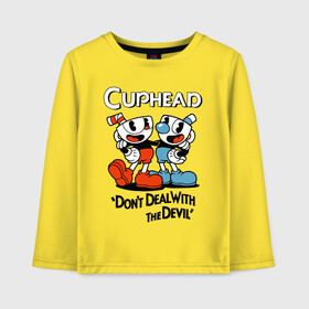 Детский лонгслив хлопок с принтом Cuphead, Dont deal with devil в Петрозаводске, 100% хлопок | круглый вырез горловины, полуприлегающий силуэт, длина до линии бедер | Тематика изображения на принте: cuphead | dont deal with the devil | mugman | игры | капхед | магмен | чашеголовый