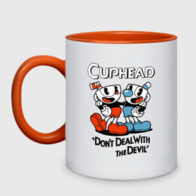 Кружка двухцветная с принтом Cuphead, Dont deal with devil в Петрозаводске, керамика | объем — 330 мл, диаметр — 80 мм. Цветная ручка и кайма сверху, в некоторых цветах — вся внутренняя часть | cuphead | dont deal with the devil | mugman | игры | капхед | магмен | чашеголовый