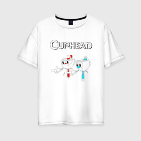 Женская футболка хлопок Oversize с принтом Cuphead в Петрозаводске, 100% хлопок | свободный крой, круглый ворот, спущенный рукав, длина до линии бедер
 | cuphead | tdcuphd | горит пукан | двое | игры | невозможно пройти. | чашки головы | чашкоголовые