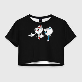 Женская футболка Crop-top 3D с принтом CUPHEAD PULP FICTION в Петрозаводске, 100% полиэстер | круглая горловина, длина футболки до линии талии, рукава с отворотами | art | cartoon | cup | cuphead | devil | dice | fiction | game | king | mugman | pulp | the | арт | бос | босс | голова | демон | дьявол | игра | капхед | криминальное | магмен | мультик | мультфильм | платформер | чаша | чашка | человек | черт 