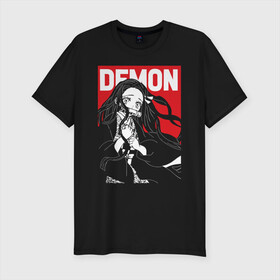 Мужская футболка хлопок Slim с принтом DEMON Kimetsu no Yaiba в Петрозаводске, 92% хлопок, 8% лайкра | приталенный силуэт, круглый вырез ворота, длина до линии бедра, короткий рукав | demon slayer | kamado | kimetsu no yaiba | nezuko | tanjiro | аниме | гию томиока | зеницу агацума | иноске хашибира | камадо | клинок | корзинная девочка | манга | музан кибуцуджи | незуко | рассекающий демонов | танджиро