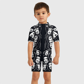 Детский купальный костюм 3D с принтом Анонимусы надбисиси линии в Петрозаводске, Полиэстер 85%, Спандекс 15% | застежка на молнии на спине | анонимус | белый | линии | лица | маты | надписи | слова | черный