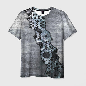 Мужская футболка 3D с принтом Шестеренки в Петрозаводске, 100% полиэфир | прямой крой, круглый вырез горловины, длина до линии бедер | Тематика изображения на принте: метал | механизм | разлом | сталь | шестеренки
