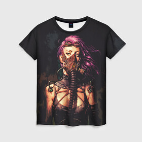 Женская футболка 3D с принтом Steampunk girl | Стимпанк в Петрозаводске, 100% полиэфир ( синтетическое хлопкоподобное полотно) | прямой крой, круглый вырез горловины, длина до линии бедер | gas mask | respirator | steampunk | девушка | противогаз | распиратор | розовые волосы | стимпанк