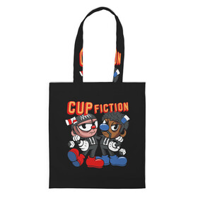 Шоппер 3D с принтом CUP FICTION в Петрозаводске, 100% полиэстер | Плотность: 200 г/м2; Размер: 34×35 см; Высота лямок: 30 см | art | cartoon | cup | cuphead | devil | dice | fiction | game | king | mugman | pulp | the | арт | бос | босс | голова | демон | дьявол | игра | капхед | криминальное | магмен | мультик | мультфильм | платформер | чаша | чашка | человек | черт 