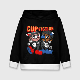 Детская толстовка 3D с принтом CUP FICTION в Петрозаводске, 100% полиэстер | двухслойный капюшон со шнурком для регулировки, мягкие манжеты на рукавах и по низу толстовки, спереди карман-кенгуру с мягким внутренним слоем | art | cartoon | cup | cuphead | devil | dice | fiction | game | king | mugman | pulp | the | арт | бос | босс | голова | демон | дьявол | игра | капхед | криминальное | магмен | мультик | мультфильм | платформер | чаша | чашка | человек | черт 