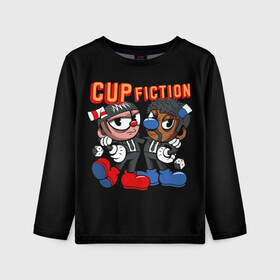 Детский лонгслив 3D с принтом CUP FICTION в Петрозаводске, 100% полиэстер | длинные рукава, круглый вырез горловины, полуприлегающий силуэт
 | art | cartoon | cup | cuphead | devil | dice | fiction | game | king | mugman | pulp | the | арт | бос | босс | голова | демон | дьявол | игра | капхед | криминальное | магмен | мультик | мультфильм | платформер | чаша | чашка | человек | черт 