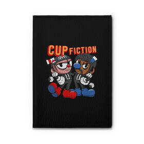 Обложка для автодокументов с принтом CUP FICTION в Петрозаводске, натуральная кожа |  размер 19,9*13 см; внутри 4 больших “конверта” для документов и один маленький отдел — туда идеально встанут права | Тематика изображения на принте: art | cartoon | cup | cuphead | devil | dice | fiction | game | king | mugman | pulp | the | арт | бос | босс | голова | демон | дьявол | игра | капхед | криминальное | магмен | мультик | мультфильм | платформер | чаша | чашка | человек | черт 