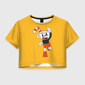 Женская футболка Crop-top 3D с принтом CUPHEAD в Петрозаводске, 100% полиэстер | круглая горловина, длина футболки до линии талии, рукава с отворотами | art | cartoon | cup | cuphead | devil | dice | game | king | mugman | the | арт | бос | босс | голова | демон | дьявол | игра | капхед | магмен | мультик | мультфильм | платформер | чаша | чашка | человек | черт