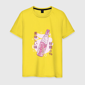 Мужская футболка хлопок с принтом Японский лимонад в Петрозаводске, 100% хлопок | прямой крой, круглый вырез горловины, длина до линии бедер, слегка спущенное плечо. | japan | japanese | juice | lemonade | pink | soda | strawberry | water | вода | газировка | джюс | иероглифы | кандзи | катакана | клубника | напиток | розовый цвет | символы | сода | содовая | сок | токио | хирагана | япония