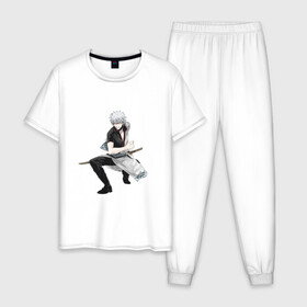 Мужская пижама хлопок с принтом Гинтоки Саката в Петрозаводске, 100% хлопок | брюки и футболка прямого кроя, без карманов, на брюках мягкая резинка на поясе и по низу штанин
 | anime | ginatama | gintoki | manga | аниме | гинтама | гинтоки | друзья | манга