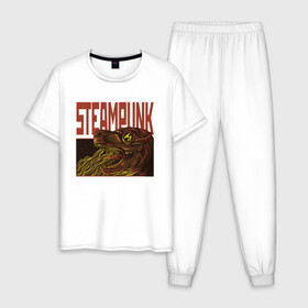 Мужская пижама хлопок с принтом Стимпанк Дино | Steampunk T-Rex (Z) в Петрозаводске, 100% хлопок | брюки и футболка прямого кроя, без карманов, на брюках мягкая резинка на поясе и по низу штанин
 | Тематика изображения на принте: steam punk | steamfest | steampunk | бойлерпанк | дизельпанк | клокпанк | маннерпанк | механика | научная фантастика | паро панк | паровой панк | паропанк | стим панк | стимпанк | стимпанк стиль | стимфест