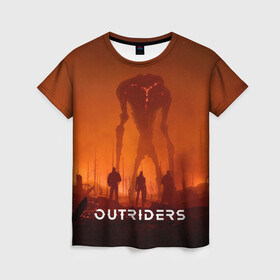 Женская футболка 3D с принтом Outriders в Петрозаводске, 100% полиэфир ( синтетическое хлопкоподобное полотно) | прямой крой, круглый вырез горловины, длина до линии бедер | game | outriders | rpg | shooter | босс | всадники | игра | монстр | рпг | шутер