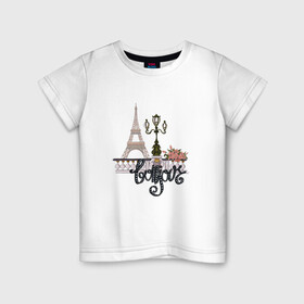 Детская футболка хлопок с принтом Бонжур в Петрозаводске, 100% хлопок | круглый вырез горловины, полуприлегающий силуэт, длина до линии бедер | париж | франция | цветы | эйфелева башня