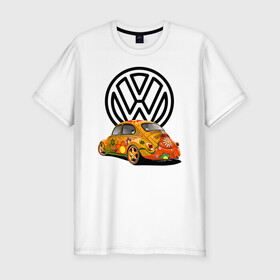 Мужская футболка хлопок Slim с принтом Volkswagen  в Петрозаводске, 92% хлопок, 8% лайкра | приталенный силуэт, круглый вырез ворота, длина до линии бедра, короткий рукав | car | volkswagen | жук | классика | машина | скорость