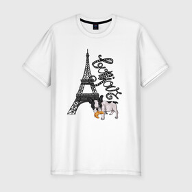Мужская футболка хлопок Slim с принтом Бонжур в Петрозаводске, 92% хлопок, 8% лайкра | приталенный силуэт, круглый вырез ворота, длина до линии бедра, короткий рукав | париж | франция | цветы | эйфелева башня