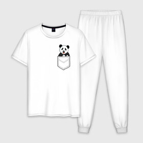 Мужская пижама хлопок с принтом Довольная Панда в Кармане в Петрозаводске, 100% хлопок | брюки и футболка прямого кроя, без карманов, на брюках мягкая резинка на поясе и по низу штанин
 | Тематика изображения на принте: animals | beats | head | panda | pocket | в кармане | голова | животные | звери | лапки | любовь | панда | улыбка