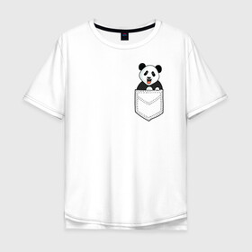 Мужская футболка хлопок Oversize с принтом Довольная Панда в Кармане в Петрозаводске, 100% хлопок | свободный крой, круглый ворот, “спинка” длиннее передней части | Тематика изображения на принте: animals | beats | head | panda | pocket | в кармане | голова | животные | звери | лапки | любовь | панда | улыбка