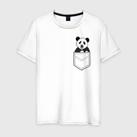 Мужская футболка хлопок с принтом Довольная Панда в Кармане в Петрозаводске, 100% хлопок | прямой крой, круглый вырез горловины, длина до линии бедер, слегка спущенное плечо. | Тематика изображения на принте: animals | beats | head | panda | pocket | в кармане | голова | животные | звери | лапки | любовь | панда | улыбка