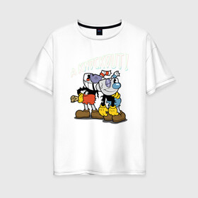 Женская футболка хлопок Oversize с принтом CUPHEAD в Петрозаводске, 100% хлопок | свободный крой, круглый ворот, спущенный рукав, длина до линии бедер
 | art | cartoon | cup | cuphead | devil | dice | game | king | mugman | the | арт | бос | босс | голова | демон | дьявол | игра | капхед | магмен | мультик | мультфильм | платформер | чаша | чашка | человек | черт