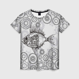 Женская футболка 3D с принтом Рыбка в Петрозаводске, 100% полиэфир ( синтетическое хлопкоподобное полотно) | прямой крой, круглый вырез горловины, длина до линии бедер | steampunk | арт | графика | обои | плакат | постер | стимпанк