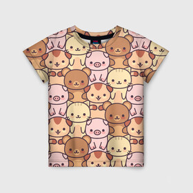 Детская футболка 3D с принтом Кавайные животные в Петрозаводске, 100% гипоаллергенный полиэфир | прямой крой, круглый вырез горловины, длина до линии бедер, чуть спущенное плечо, ткань немного тянется | animal | animals | bear | cat | cute | kawaii | kitten | kitty | neko | pattern | pig | piggy | кавайи | кот | котенок | котята | кошечка | медведь | медвежата | медвежонок | милота | неко | паттерн | свинка | свинья | собачка | узор | хрюшки |