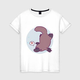 Женская футболка хлопок с принтом Утконос в Петрозаводске, 100% хлопок | прямой крой, круглый вырез горловины, длина до линии бедер, слегка спущенное плечо | animals | животное | зверь | пузырьки | сердечко | утконос