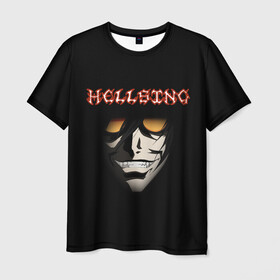 Мужская футболка 3D с принтом Алукард (Hellsing) в Петрозаводске, 100% полиэфир | прямой крой, круглый вырез горловины, длина до линии бедер | Тематика изображения на принте: алукард | вампир | клыки | надпись | очки | хеллсинг