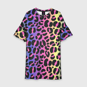 Детское платье 3D с принтом Neon Leopard Pattern в Петрозаводске, 100% полиэстер | прямой силуэт, чуть расширенный к низу. Круглая горловина, на рукавах — воланы | africa | afrika | gradient | summer | tropical | африка | африканский узор | градиент | леопард | леопардовый узор | лето | неон | неоновое свечение | паттерт | пятна | разные цвета | саванна | тропики | тропический узор