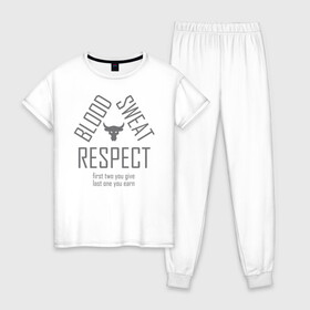 Женская пижама хлопок с принтом Blood Sweat RESPECT в Петрозаводске, 100% хлопок | брюки и футболка прямого кроя, без карманов, на брюках мягкая резинка на поясе и по низу штанин | blood | bodybuilding | bull | crossfit | dwayne johnson | fitness | gym | logo | motivation | project | respect | sport | star | sweat | the rock | under armour | бодибилдинг | броня | бык | дуэйн джонсон | звезда | качалка | кровь | кроссфит | лого | мот