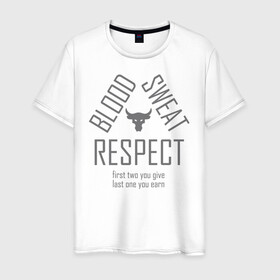 Мужская футболка хлопок с принтом Blood Sweat RESPECT в Петрозаводске, 100% хлопок | прямой крой, круглый вырез горловины, длина до линии бедер, слегка спущенное плечо. | blood | bodybuilding | bull | crossfit | dwayne johnson | fitness | gym | logo | motivation | project | respect | sport | star | sweat | the rock | under armour | бодибилдинг | броня | бык | дуэйн джонсон | звезда | качалка | кровь | кроссфит | лого | мот