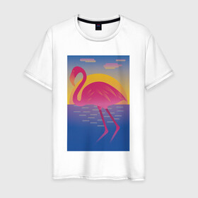 Мужская футболка хлопок с принтом Фламинго в Петрозаводске, 100% хлопок | прямой крой, круглый вырез горловины, длина до линии бедер, слегка спущенное плечо. | закат | море | небо | облака | птица | солнце | фламинго