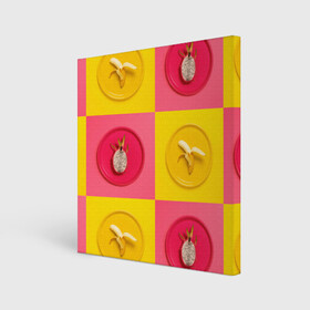 Холст квадратный с принтом фрукты шахматы в Петрозаводске, 100% ПВХ |  | Тематика изображения на принте: 3d | банан | вкусняшки | еда | желтый | клетка | розовый | фрукты