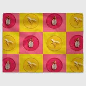 Плед 3D с принтом фрукты шахматы в Петрозаводске, 100% полиэстер | закругленные углы, все края обработаны. Ткань не мнется и не растягивается | 3d | банан | вкусняшки | еда | желтый | клетка | розовый | фрукты