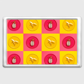 Магнит 45*70 с принтом фрукты шахматы в Петрозаводске, Пластик | Размер: 78*52 мм; Размер печати: 70*45 | 3d | банан | вкусняшки | еда | желтый | клетка | розовый | фрукты