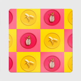 Магнит виниловый Квадрат с принтом фрукты шахматы в Петрозаводске, полимерный материал с магнитным слоем | размер 9*9 см, закругленные углы | 3d | банан | вкусняшки | еда | желтый | клетка | розовый | фрукты