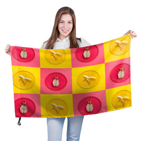 Флаг 3D с принтом фрукты шахматы в Петрозаводске, 100% полиэстер | плотность ткани — 95 г/м2, размер — 67 х 109 см. Принт наносится с одной стороны | 3d | банан | вкусняшки | еда | желтый | клетка | розовый | фрукты