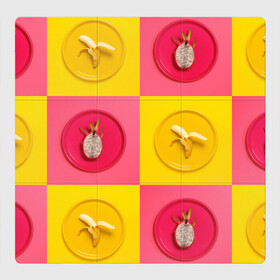Магнитный плакат 3Х3 с принтом фрукты шахматы в Петрозаводске, Полимерный материал с магнитным слоем | 9 деталей размером 9*9 см | Тематика изображения на принте: 3d | банан | вкусняшки | еда | желтый | клетка | розовый | фрукты